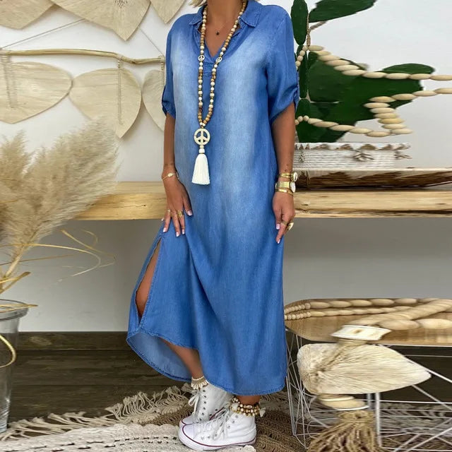 Lovi | Maxi Jeanskleid mit Schlitz