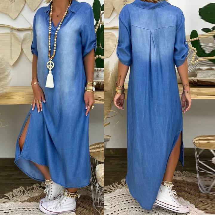 Lovi | Maxi Jeanskleid mit Schlitz