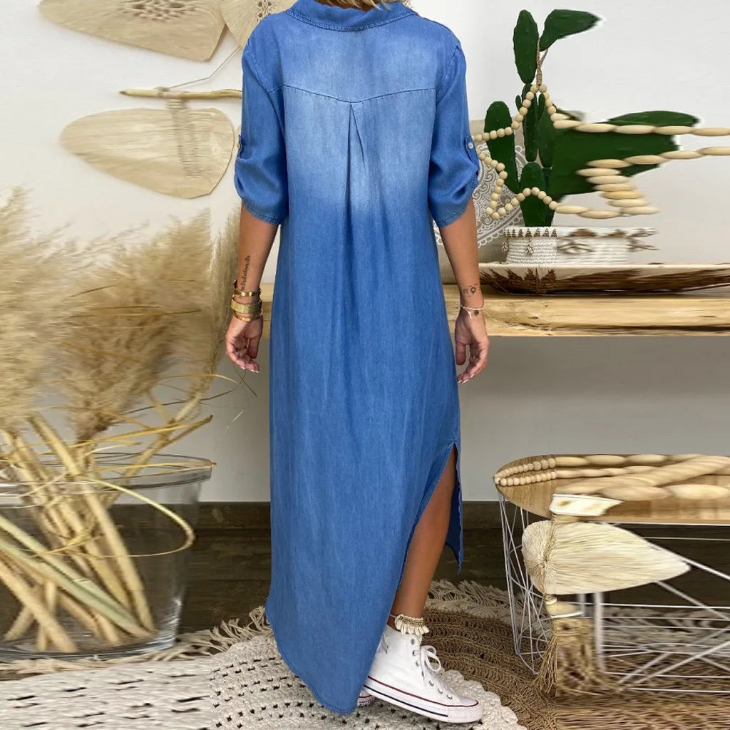 Lovi | Maxi Jeanskleid mit Schlitz